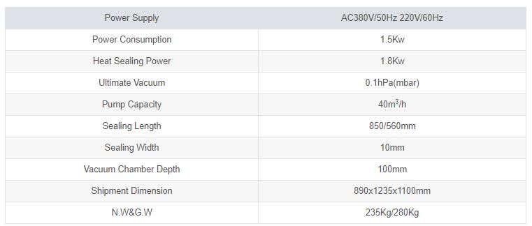 Th&ocirc;ng số kỹ thuật M&aacute;y h&uacute;t ch&acirc;n kh&ocirc;ng thực phẩm DZ-1000/2L