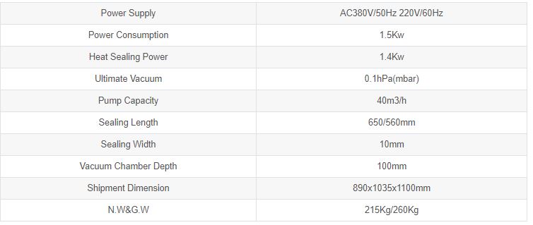 Th&ocirc;ng số kỹ thuật M&aacute;y h&uacute;t ch&acirc;n kh&ocirc;ng thực phẩm DZ-800-2L